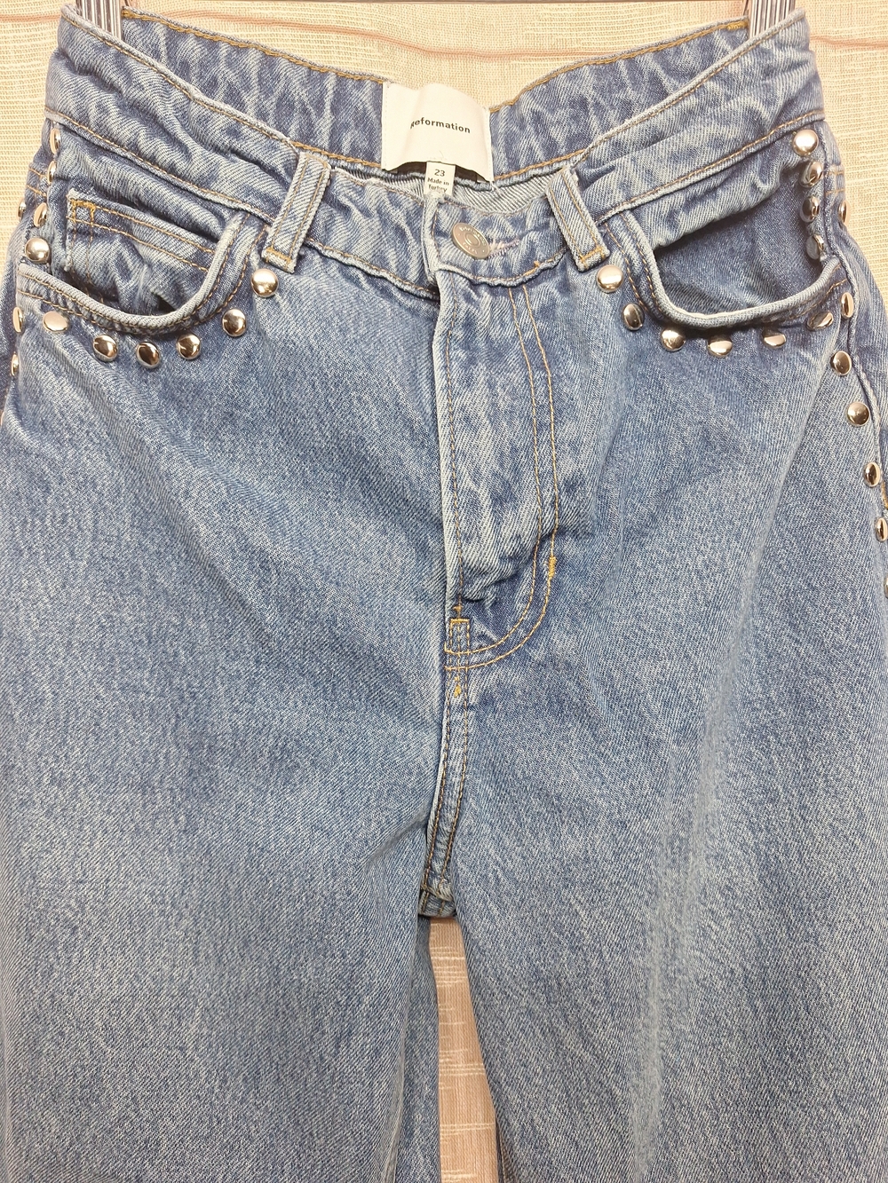 Reformation Studded Light Blue Boyfriend Jeans Size 23